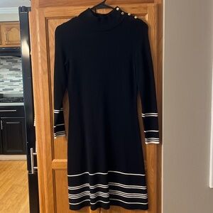 Sweater dress with gold shoulder buttons